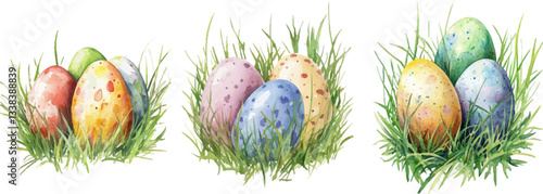 Watercolor Easter Eggs on Grass. Isolated Clip Art Illustration on White Background.
