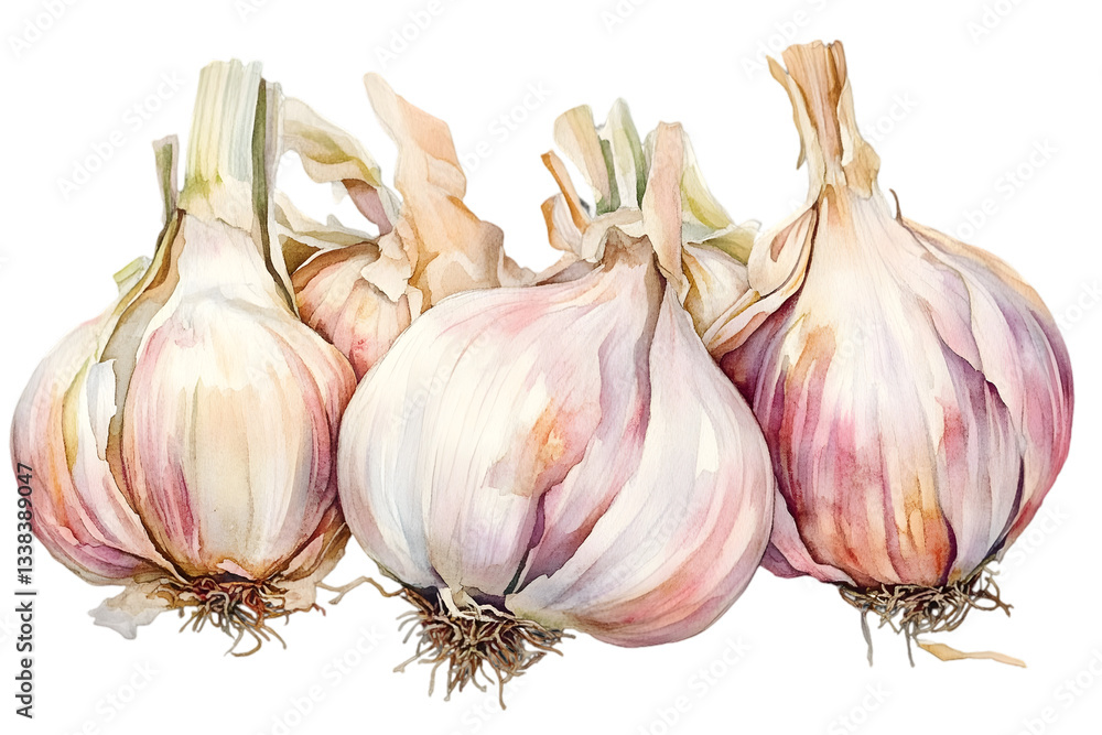 Obraz premium Watercolor Illustration of Fresh Garlic Bulbs on Transparent Background with Textured Roots and White Cloves for Culinary and Artistic Use
