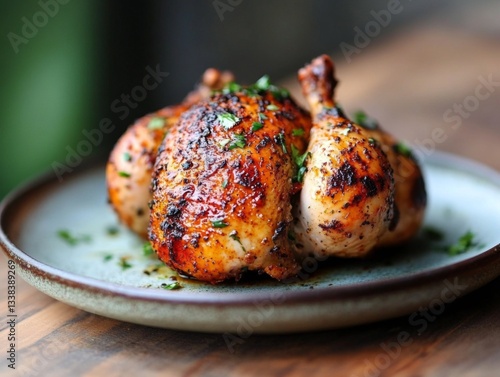 Grilled roasted whole chicken on a plate
