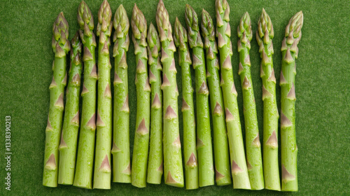 Fresh green asparagus spears on textured dark green background, organic healthy vegetable for cooking, seasonal farm produce, gourmet food ingredient