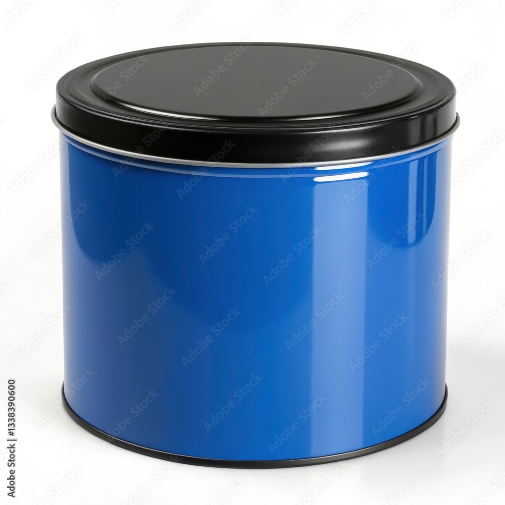 A large, wide tin can with a bold cobalt blue body and a glossy black lid. A large, wide tin can with a bold cobalt blue body and a glossy black lid.