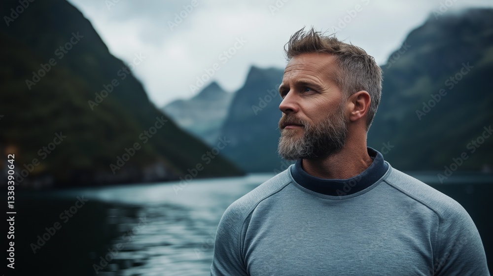 Man with a beard gazes at serene fjord, surrounded by mountains. Man with a beard gazes at serene fjord, surrounded by mountains.