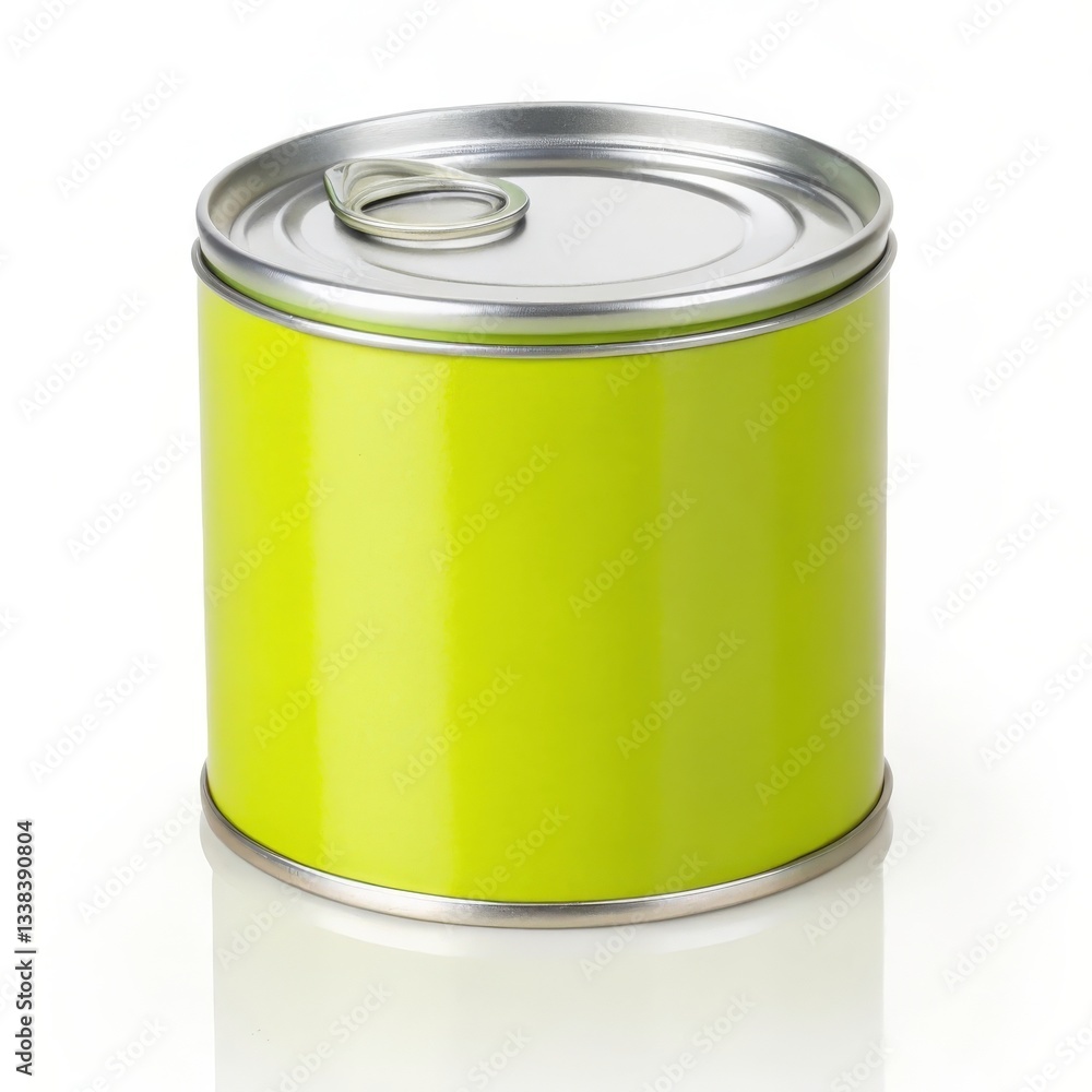 A small, cylindrical tin can with a bright lime green body and a shiny silver lid. A small, cylindrical tin can with a bright lime green body and a shiny silver lid.