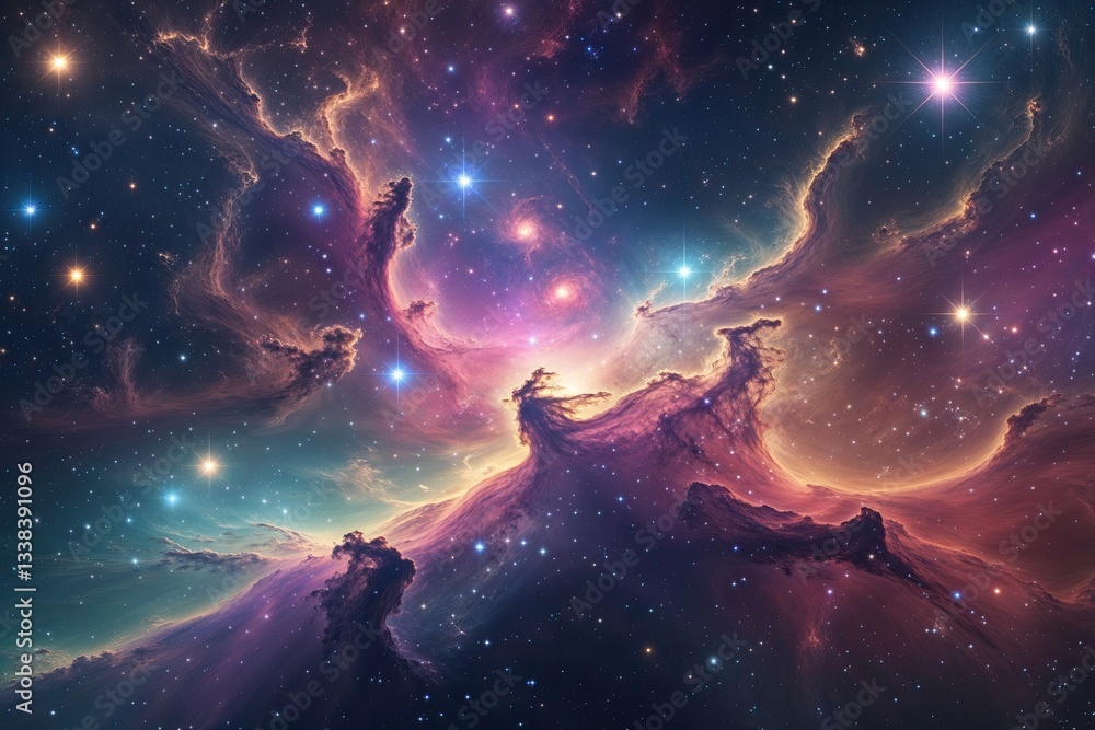 Fototapeta premium Vibrant Nebula Landscape with Shimmering Stars and Distant Galaxies in a Dreamy Astral View