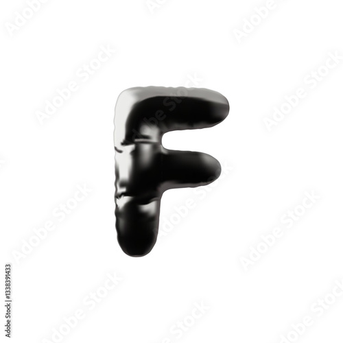 3D English alphabet letter F from metallic inflated balloon, vector volume chrome Latin uppercase consonant type symbol