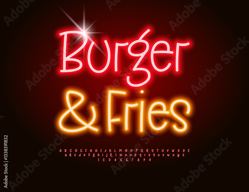 Vector Glowing Advertisement Burger and Fries. Funny Neon Font. Set of Electric Alphabet Letters and Numbers