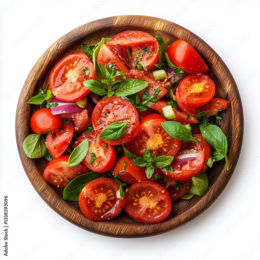 Fresh Tomato Salad Garnished With Basil Served in a Wooden Bowl on a White Table Fresh Tomato Salad Garnished With Basil Served in a Wooden Bowl on a White Table