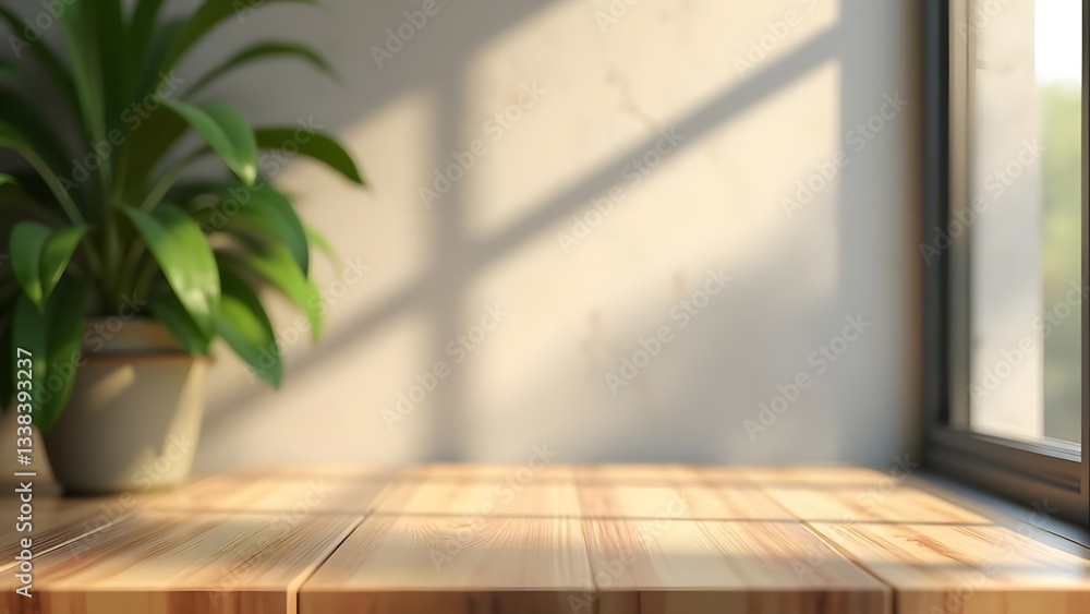 Serene Wood Countertop with Cinematic Glow and Tropical Plant Serene Wood Countertop with Cinematic Glow and Tropical Plant
