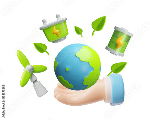 Planet earth in hand with Green energy symbols and leaves, alternative ecological power sources, 3D vector wind turbine