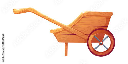 Vector illustration of a wooden wheelbarrow with a rustic design. Farm cart isolated on white background. The cart features a curved handle, a single large wheel with metal spokes, and a wooden