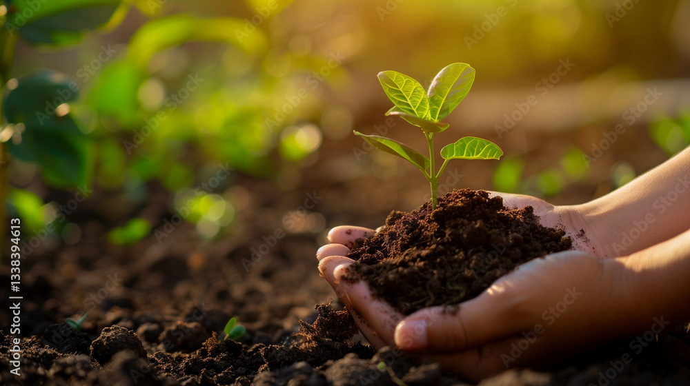 Hands gently holding a small green seedling in nutrient-rich soil, symbolizing growth Hands gently holding a small green seedling in nutrient-rich soil, symbolizing growth