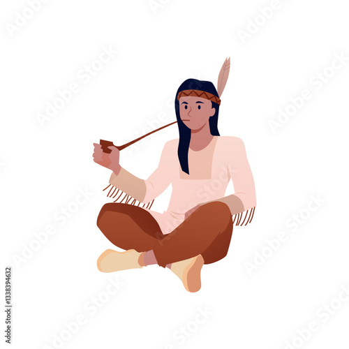 Native American Indian in traditional costume smokes pipe, vector tribal aborigine with ethnic headband with feather