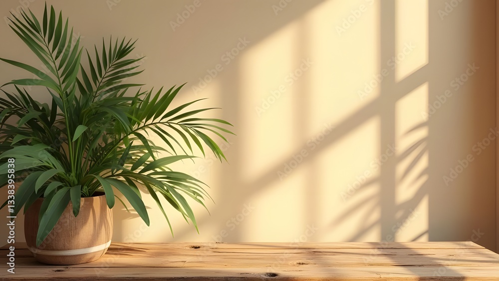 Fototapeta premium Natural Elements Rustic Wooden Table in Light and Airy Studio Setting with Tropical Plant