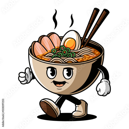 Retro cartoon character of a bowl of ramen walking cheerfully with chopsticks and toppings