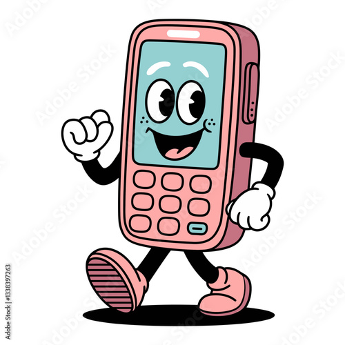 Retro cartoon character of a happy phone walking playfully with a smile in a vibrant style