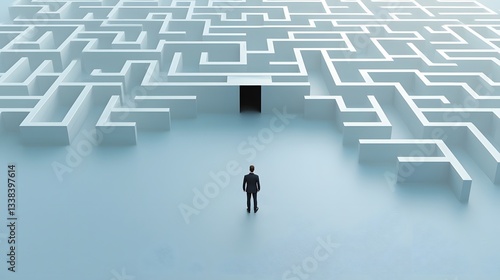 A businessman in a suit stands at the entrance of a massive intricate maze symbolizing the complex challenges and strategic decision making required to navigate the competitive business landscape