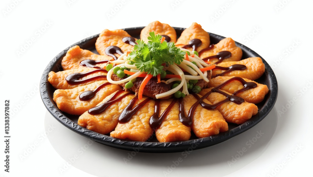 Golden Fried Fish Fillets with Savory Sauce and Fresh Garnishes Golden Fried Fish Fillets with Savory Sauce and Fresh Garnishes