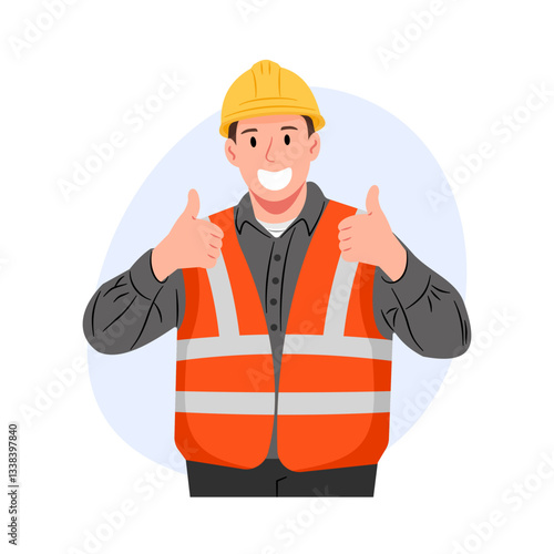 A vector illustration of an industrial engineer, a construction worker, giving a thumbs-up with both hands, symbolizing approval and success.