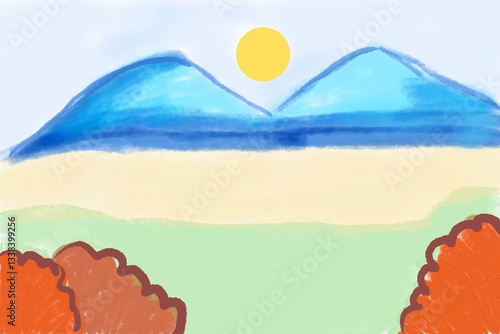 Children draw pictures of the sea, mountains, and the sun with chalk and crayons