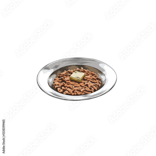 Vector illustration of a sketch of a plate with buckwheat porridge and a piece of butter.