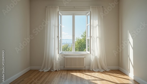 Wallpaper Mural A cozy room with large open windows adorned in white curtains, revealing a bright view of nature outside, creating a peaceful atmosphere. Torontodigital.ca