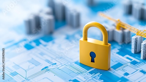 Wallpaper Mural Yellow lock on blueprint background symbolizing security and protection in construction and architectural projects Torontodigital.ca