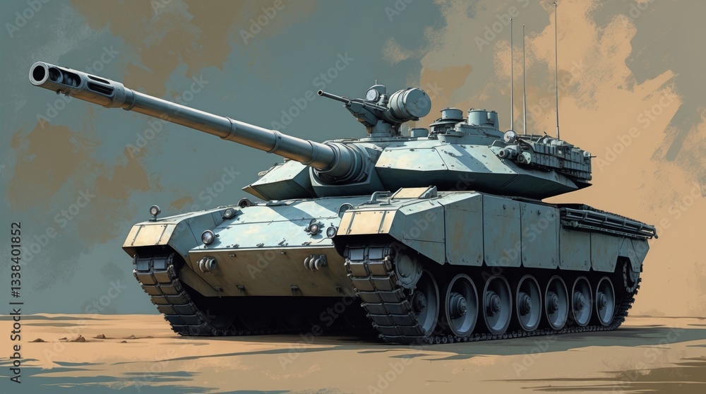 realistic illustration of a sleek, modern main battle tank, viewed from a low angle, showcasing its powerful cannon and rugged armor plating, set against a muted, earthy background with subtle shadows realistic illustration of a sleek, modern main battle tank, viewed from a low angle, showcasing its powerful cannon and rugged armor plating, set against a muted, earthy background with subtle shadows