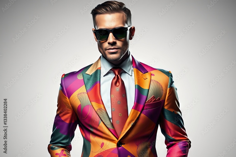 Stylish man in a vibrant suit posing confidently against a neutral background Stylish man in a vibrant suit posing confidently against a neutral background