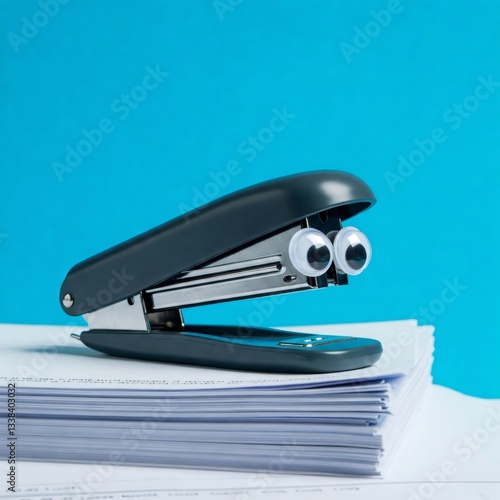 Funny stapler with googly eyes sitting on stack of papers