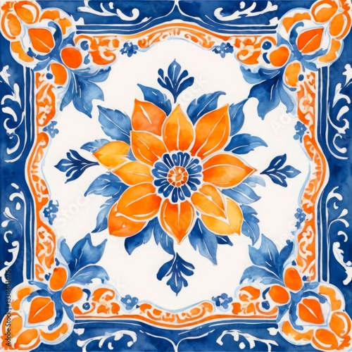 Watercolor Orange Blue Tile Pattern on White Background Wallpaper Backdrop