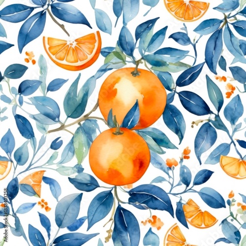 Watercolor Orange with leaves seamless pattern on white background