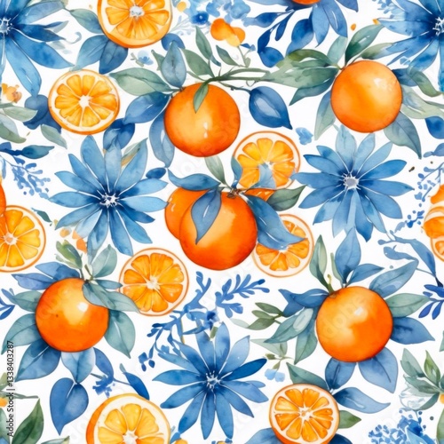 Watercolor Orange with leaves seamless pattern on white background