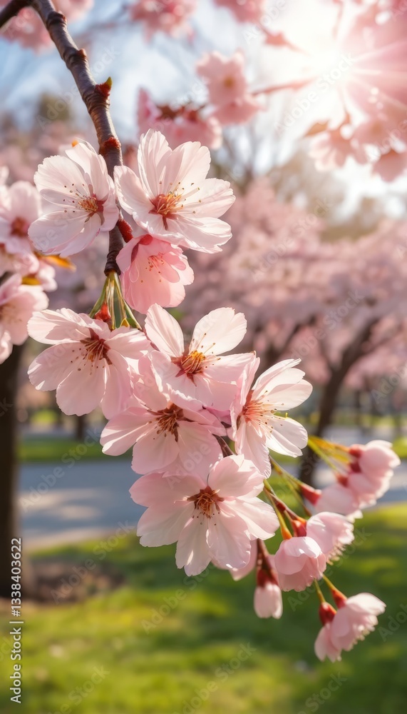 Obraz premium Close-up of delicate pink cherry blossoms in full bloom, showcasing their intricate petals and serene beauty against a soft background of green foliage.