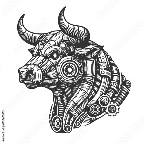 cybernetic bull with mechanical components, gears, and futuristic robotic details in steampunk style sketch engraving generative ai vector illustration. Scratch board imitation. Black and white image.