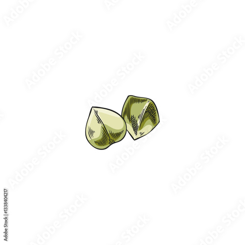 Buckwheat two seeds heap, raw cereal crops in green peels vector sketch, hand drawn buckwheat groats agricultural grains