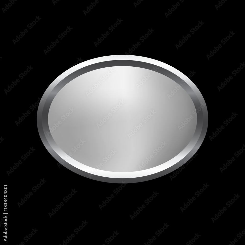Silver button of ellipse shape with frame vector illustration. Realistic isolated website element, platinum glossy label for game UI, oval badge of navigation menu with light effect on border.