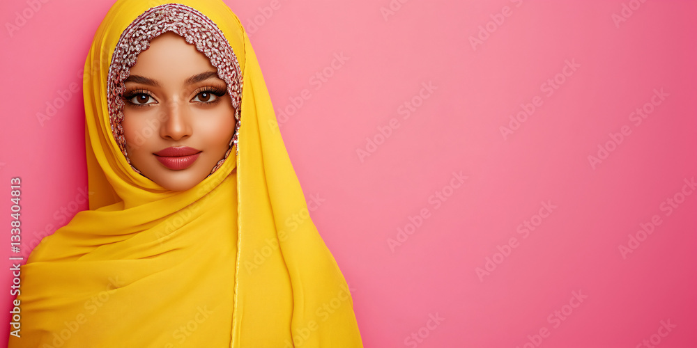 Asian woman with a smiling hijab isolated in a pink background Asian woman with a smiling hijab isolated in a pink background