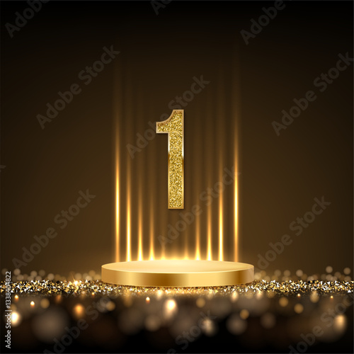 Gold award podium with glowing light rays and number 1 isolated on black background with glitter and confetti. Winner ceremony. Abstract vector illustration.