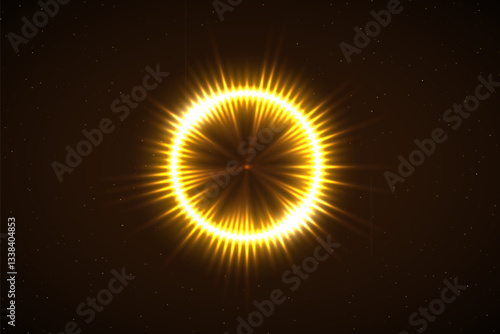 Solar eclipse with lights flares. Sun eclipse with glowing golden corona and radiant light flares in space. Darkened planet with bright shine. Abstract vector illustration.