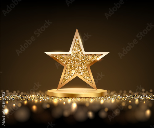 Gold podium with glitter star on top. Golden award platform with glowing star and confetti floor isolated on black background. Abstract vector illustration for product presentation or winner ceremony.