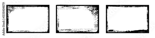 Black frames with worn paper effect on white background. Textured rectangles with old, grunge, grainy, vintage, worn, dust effect. Simple object mockup. Realistic vector illustrations set.