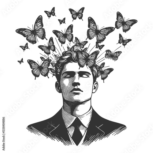 man in a suit with butterflies bursting from his head, symbolizing imagination, transformation, and creativity sketch engraving generative ai vector illustration. Scratch board. Black and white image.