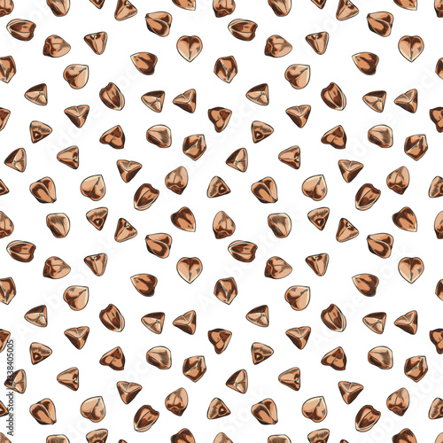 Buckwheat brown seeds sketch seamless pattern vector design, hand drawn buckwheat groats pile, cereal crops harvest
