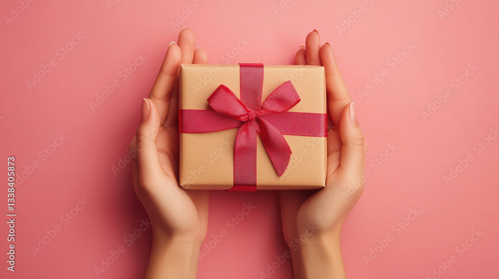 Female hands holding a gift box with red ribbon bow, above view. Design for card present celebration birthday greeting