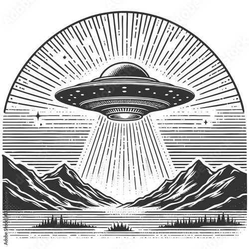 UFO hovering over a city, emitting bright beams of light in a dramatic scene sketch engraving generative ai vector illustration. Scratch board imitation. Black and white image.