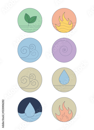 Circular elemental symbols for energy and balance 2D cartoon objects set. Air, fire, water, earth, spirit nature forces isolated elements flat vector clip arts on white. Spot illustrations collection