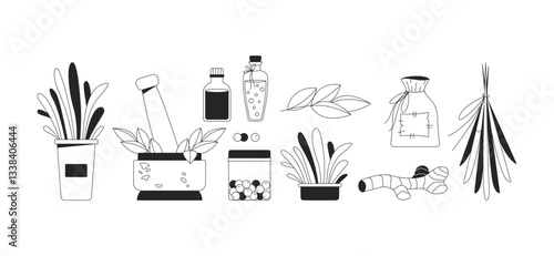 Herbal medicine and natural remedies 2D line objects set. Herbs, essential oils, mortar pestle, spices dried plants isolated cliparts vector ink outline items. Monochrome spot illustrations collection