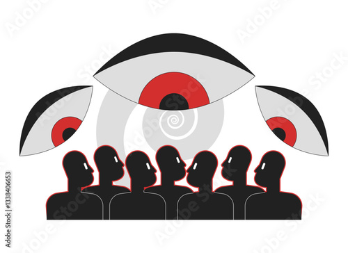 Surveillance and control in dictatorship 2D illustration concept. Dystopian society. Big brother all-seeing eyes over citizens cartoon characters isolated on white. Flat abstract vector graphic