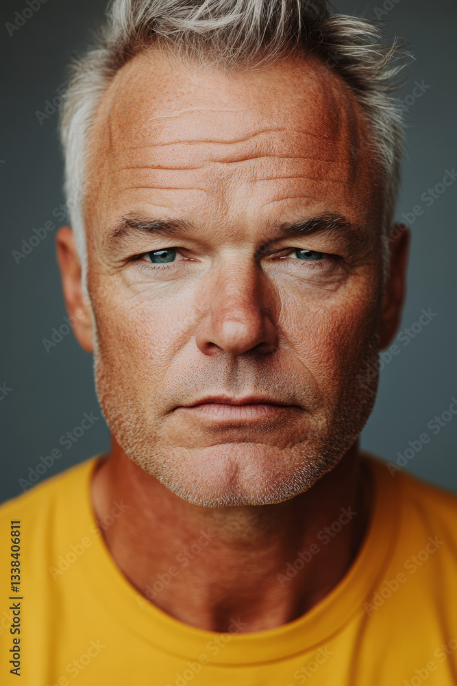 Obraz premium Confident mature man in black suit looking serious with stylish short gray hair and light stubble, posing against a neutral background for business, fashion, and lifestyle concepts