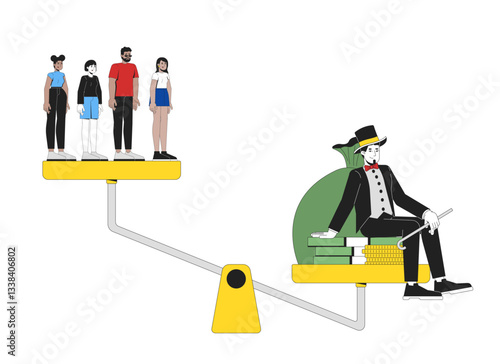 Oligarchy and wealth inequality 2D illustration concept. Plutocracy capitalism. Rich elite figure outweighing middle class people cartoon characters isolated on white. Flat abstract vector graphic